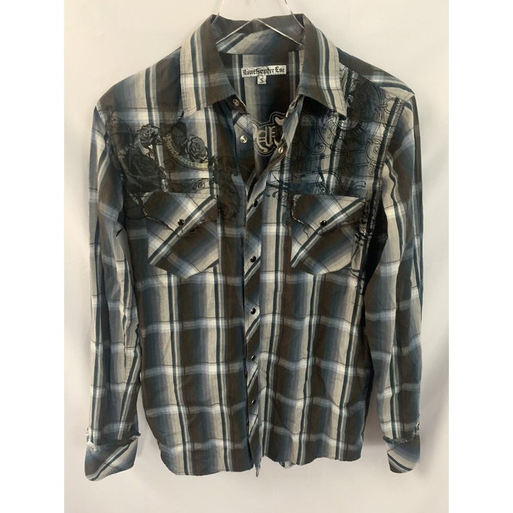 Manchester Escapes Men’s S Gray/Blue Snap Up Button Down Plaid Shirt Embroidered